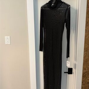 Sheer Black Long Sleeve Dress with Rhinestones